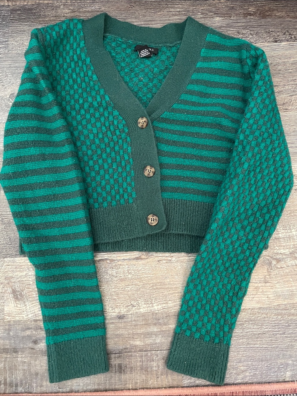 Forever 21 Green Mixed-Pattern V-Neck Button Cardigan